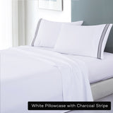 soft microfibre embroidered stripe sheet set double white pillowcase charcoal stripe-Home &amp; Garden &gt; Bedding &gt; Bed Sheets-PEROZ Accessories