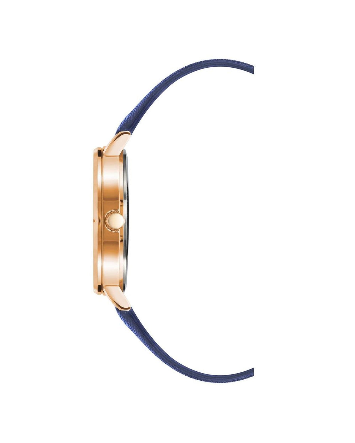 Rose Gold Analog Rhinestone Fashion Watch with Blue Leatherette Strap One Size Women-Quartz Watches-PEROZ Accessories