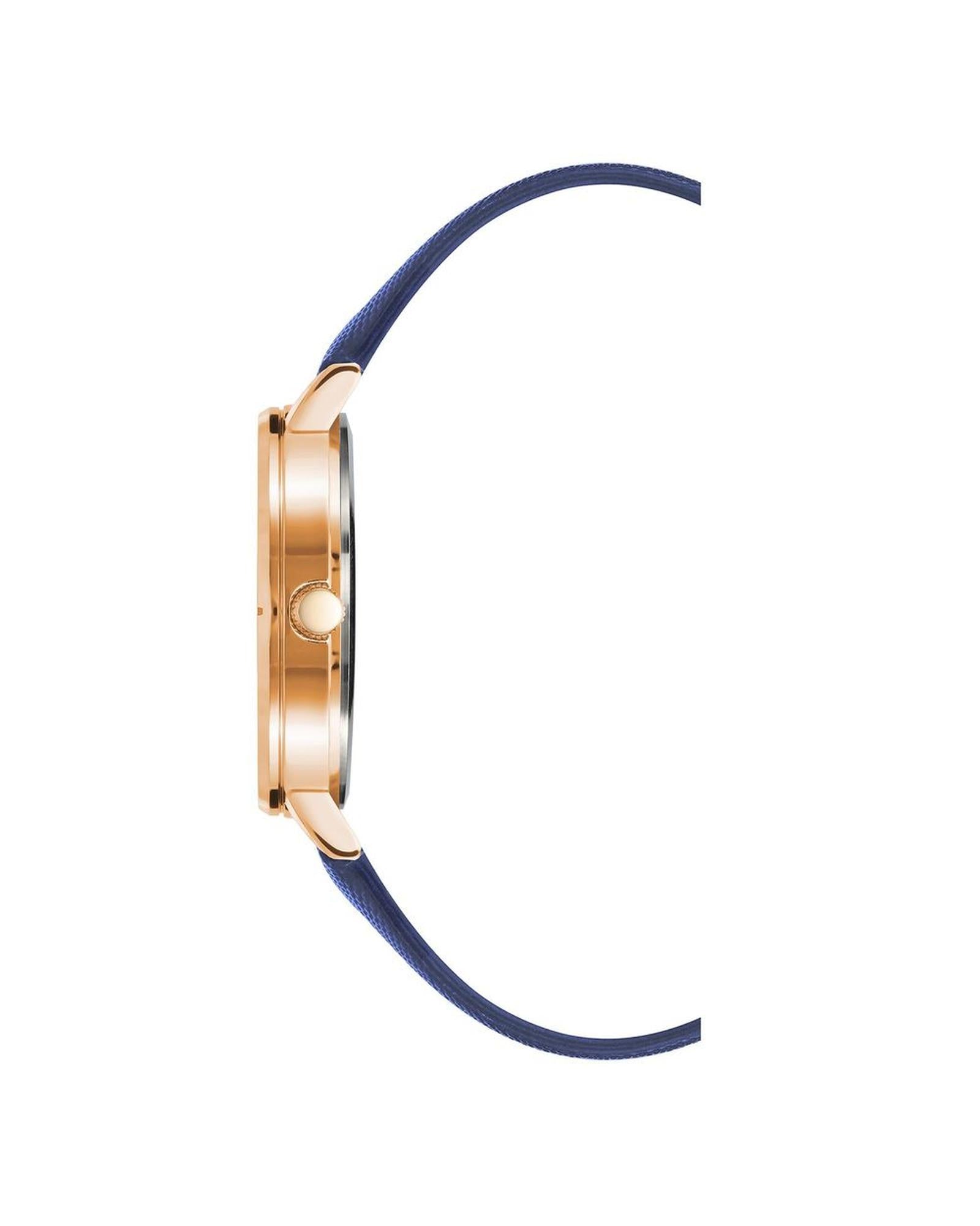 Rose Gold Analog Rhinestone Fashion Watch with Blue Leatherette Strap One Size Women-Quartz Watches-PEROZ Accessories