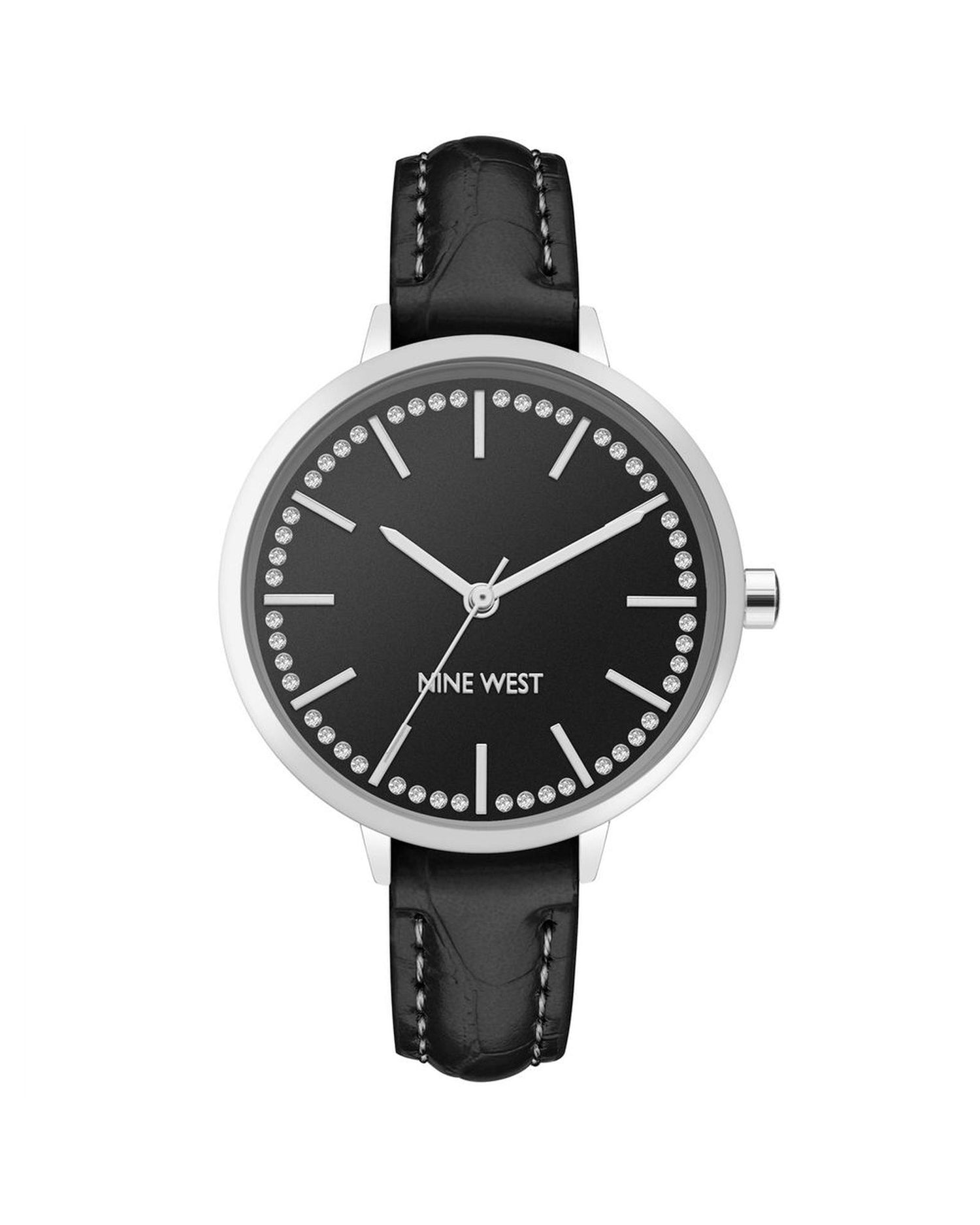 Silver Analog Rhine Stone Fashion Watch with Leatherette Strap One Size Women-Quartz Watches-PEROZ Accessories
