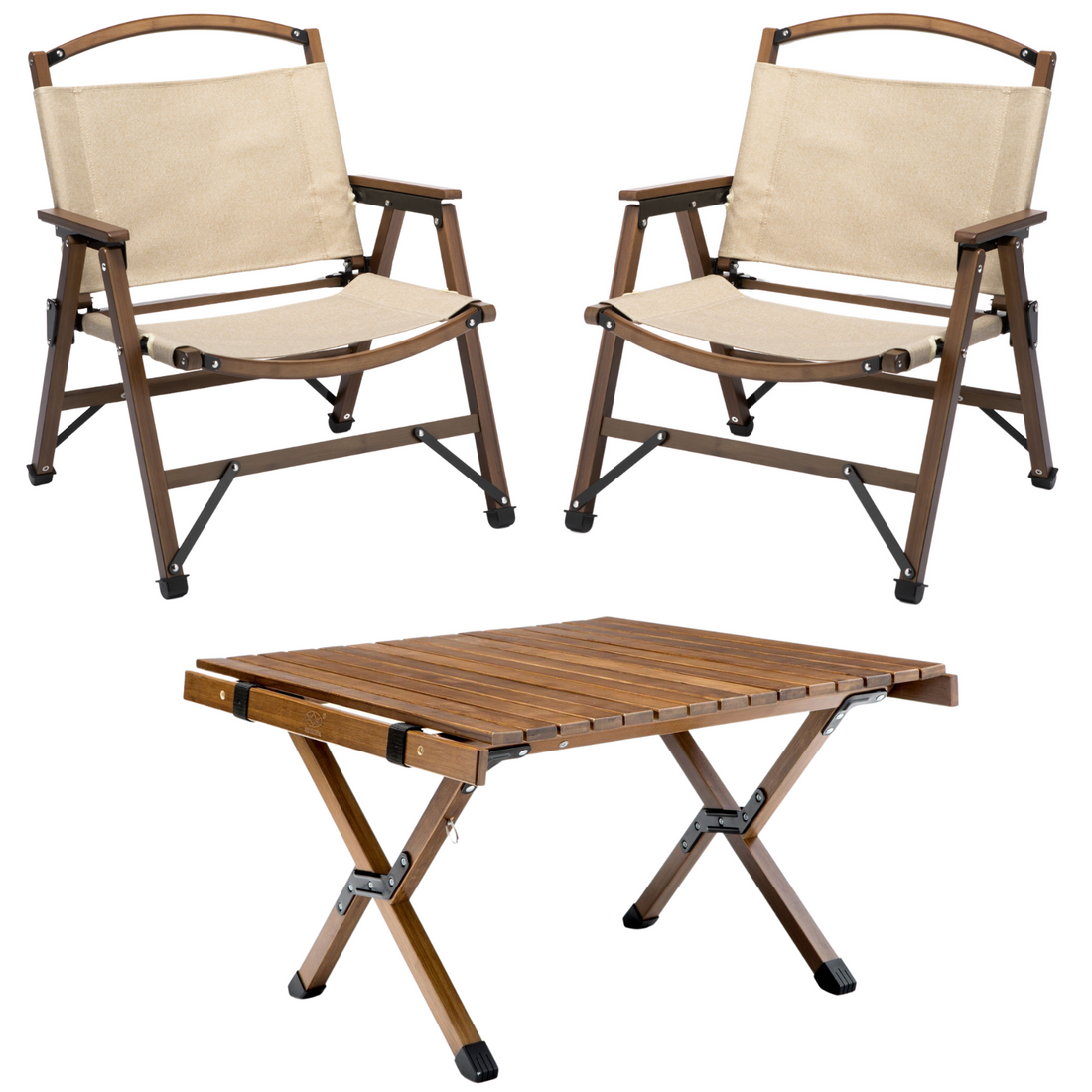 Bamboo Foldable Camping Table + 2 Chairs Waterproof Wood Wooden Travel Set Kit-Outdoor Recreation &gt; Camping &gt; Camp Furniture-PEROZ Accessories