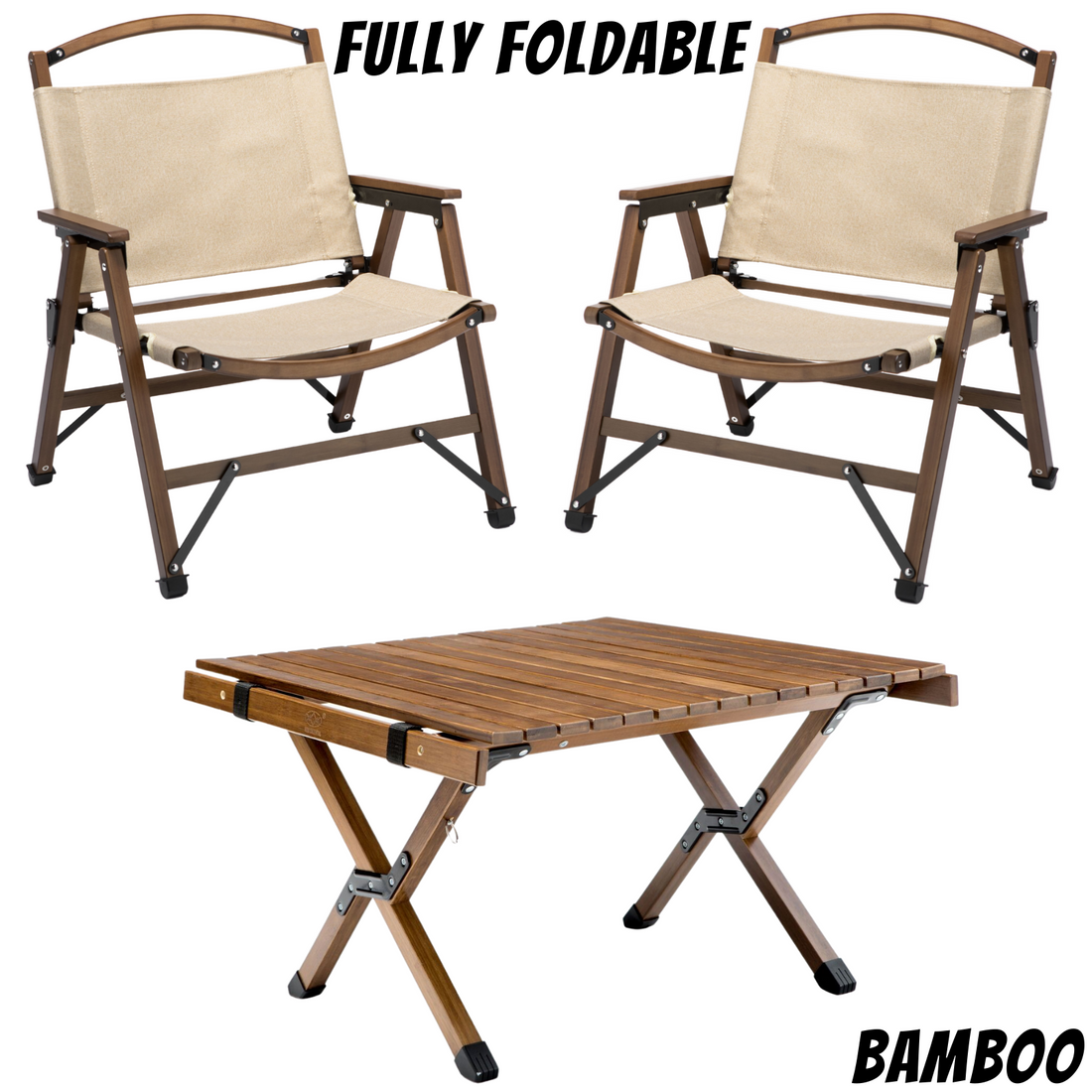 Bamboo Foldable Camping Table + 2 Chairs Waterproof Wood Wooden Travel Set Kit-Outdoor Recreation &gt; Camping &gt; Camp Furniture-PEROZ Accessories