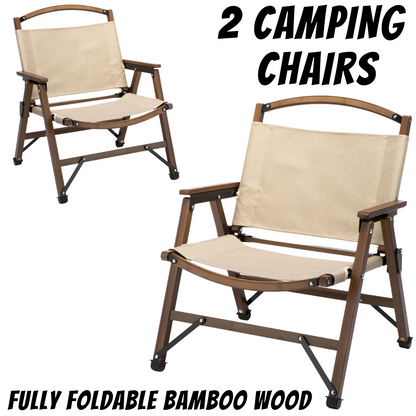 2x Bamboo Foldable Outdoor Camping Chair Wooden Travel Picnic Park Folding - Khaki/Beige-Outdoor Recreation &gt; Camping &gt; Camp Furniture-PEROZ Accessories