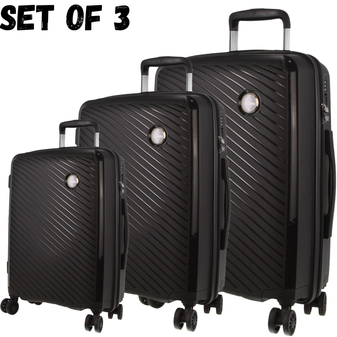 Pierre Cardin Inspired Milleni Hardshell 3-Piece Luggage Bag Set Travel Suitcase - Black-Home &amp; Garden &gt; Travel-PEROZ Accessories