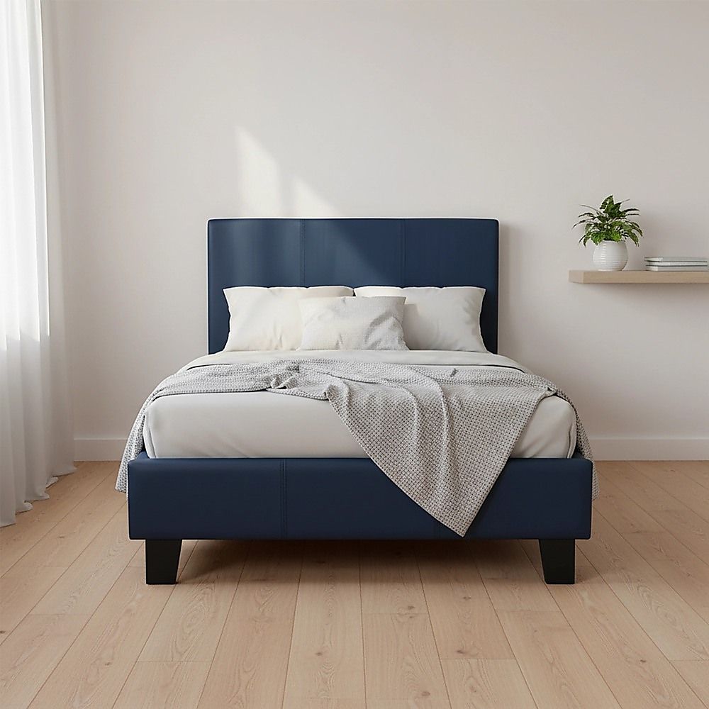 Single PU Leather Bed Frame Blue-Bed Frames-PEROZ Accessories