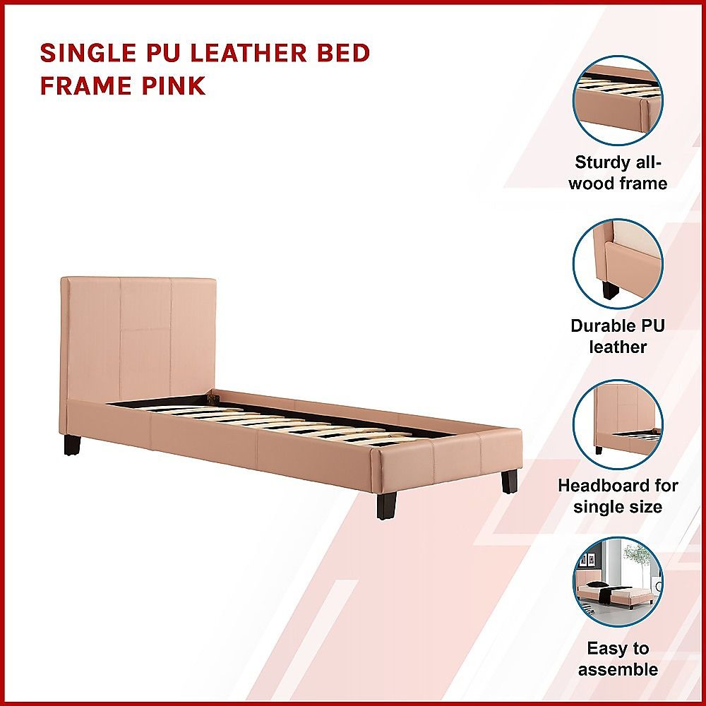 Single PU Leather Bed Frame Pink-Bed Frames-PEROZ Accessories
