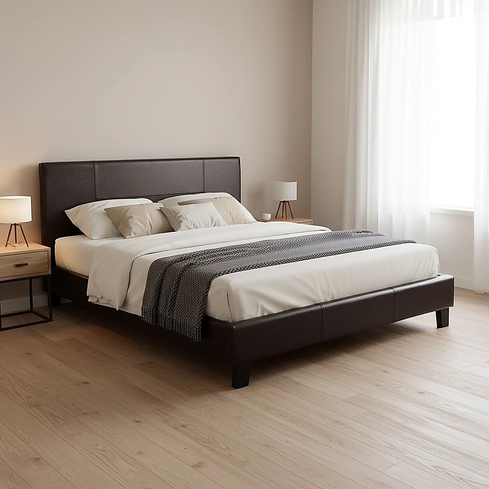 Double PU Leather Bed Frame Brown-Furniture > Bedroom-PEROZ Accessories