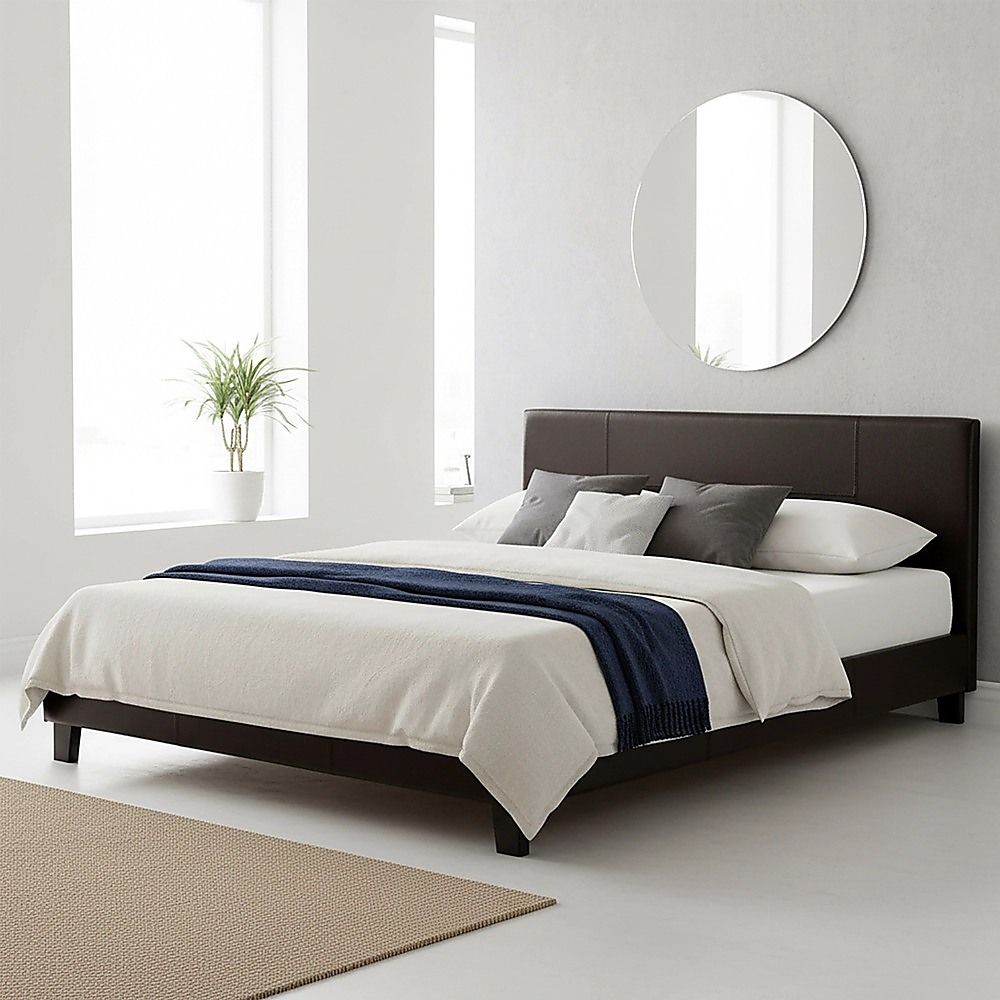 Queen PU Leather Bed Frame Brown-Bed Frames-PEROZ Accessories
