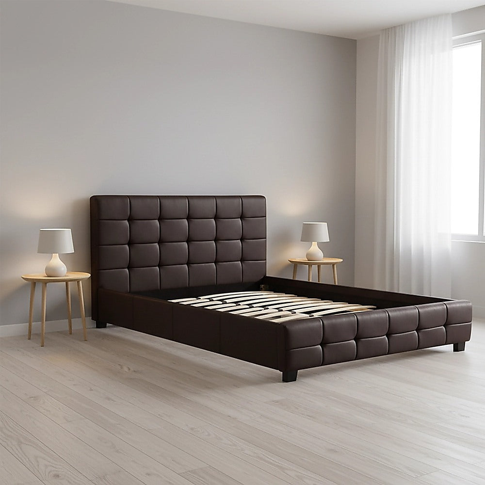 Double PU Leather Deluxe Bed Frame Brown-Bed Frames-PEROZ Accessories