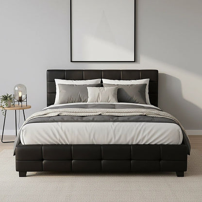 Queen PU Leather Deluxe Bed Frame Black-Furniture > Bedroom-PEROZ Accessories