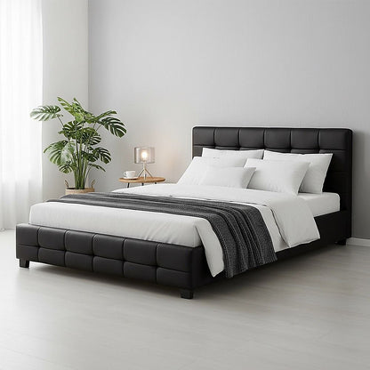 Queen PU Leather Deluxe Bed Frame Black-Furniture > Bedroom-PEROZ Accessories
