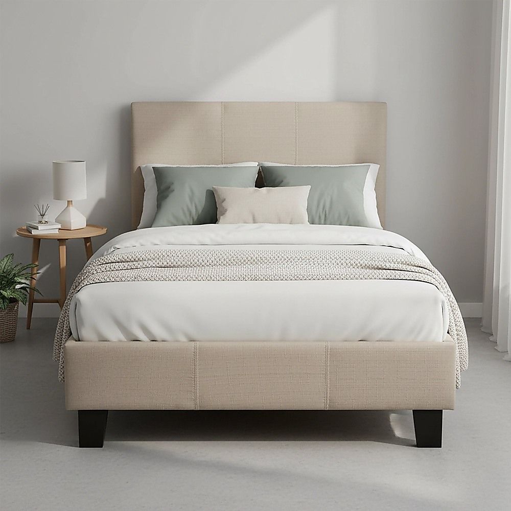 Single Linen Fabric Bed Frame Beige-Bed Frames-PEROZ Accessories