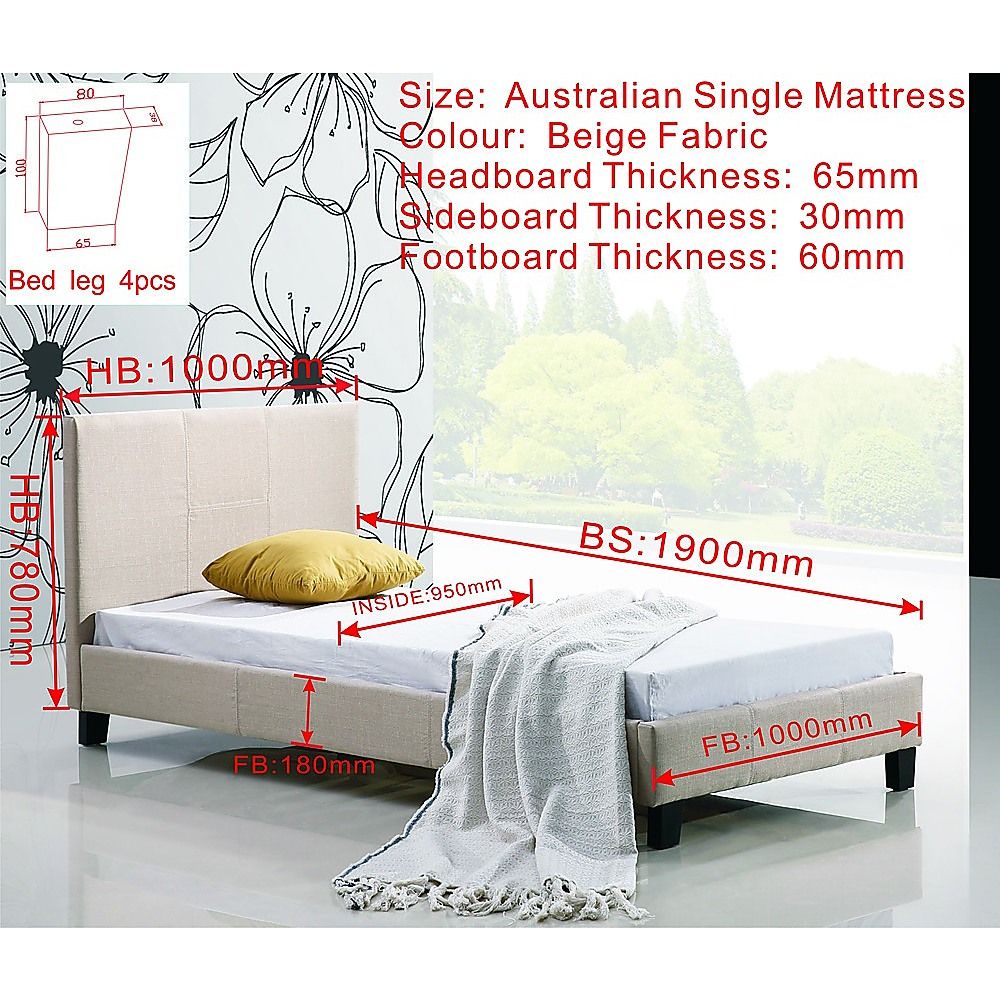 Single Linen Fabric Bed Frame Beige-Bed Frames-PEROZ Accessories