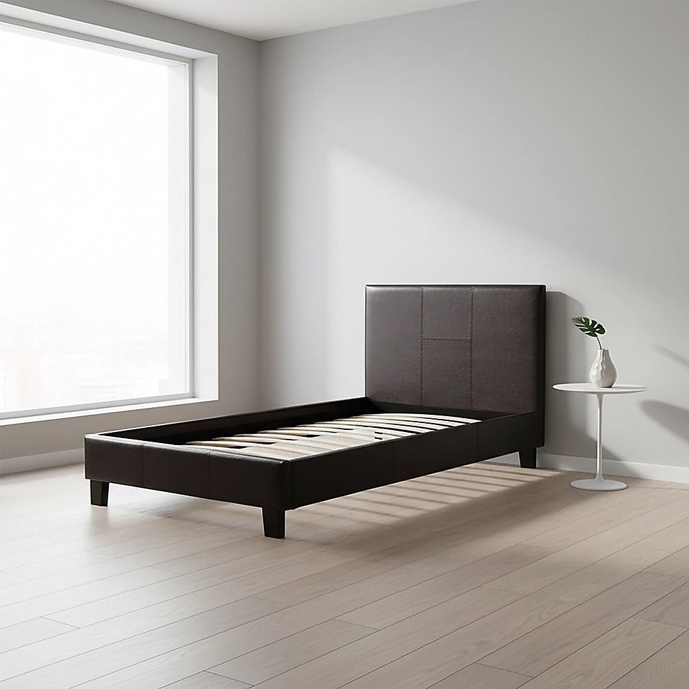 Single PU Leather Bed Frame Brown-Furniture > Bedroom-PEROZ Accessories