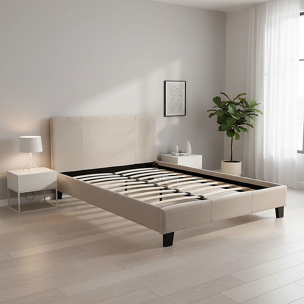 Double Linen Fabric Bed Frame Beige-Furniture > Bedroom-PEROZ Accessories