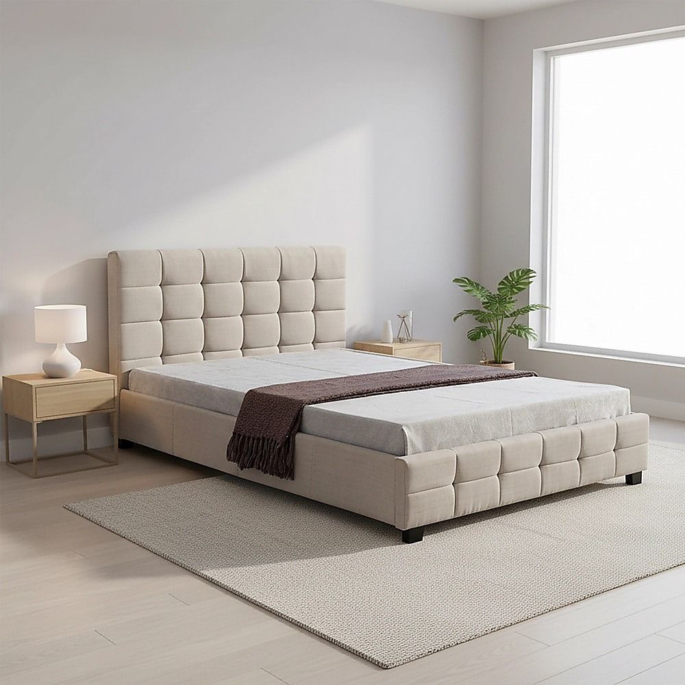 Linen Fabric Double Deluxe Bed Frame Beige-Furniture > Bedroom-PEROZ Accessories