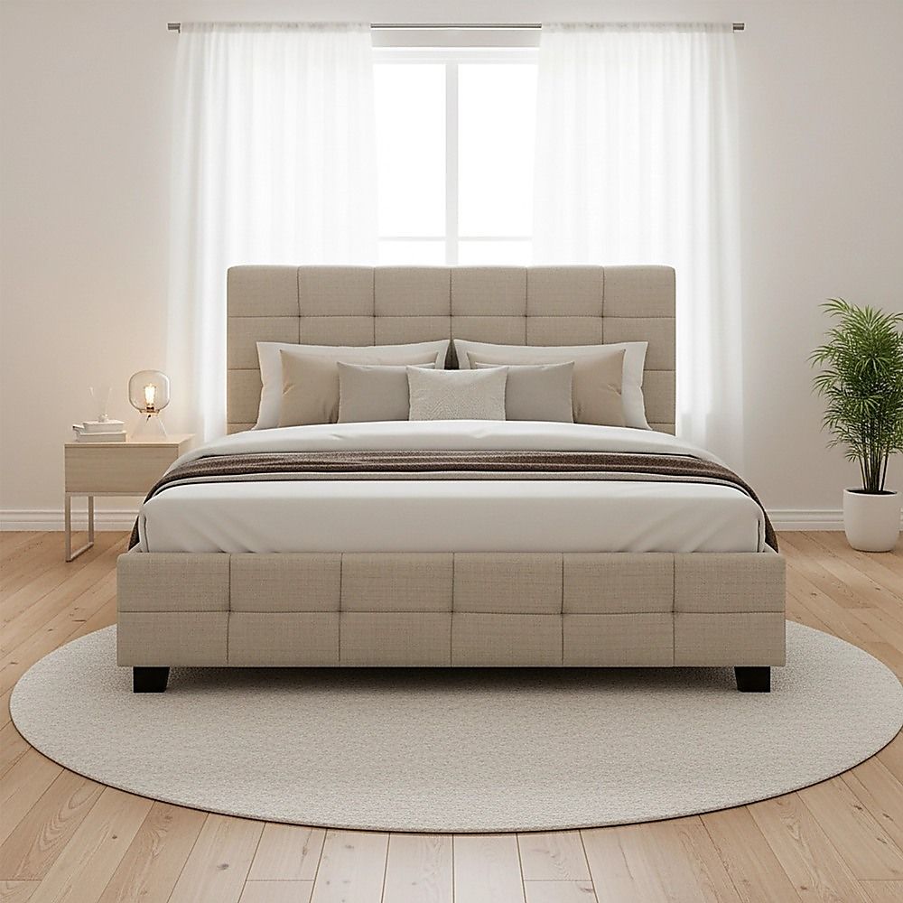 Linen Fabric Double Deluxe Bed Frame Beige-Furniture > Bedroom-PEROZ Accessories