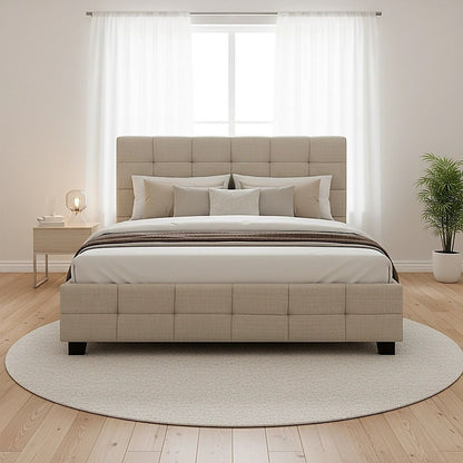 Linen Fabric Double Deluxe Bed Frame Beige-Furniture > Bedroom-PEROZ Accessories