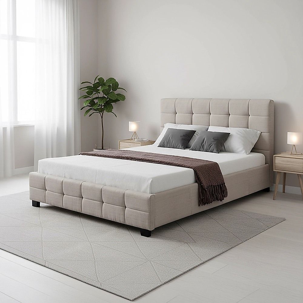 Linen Fabric Double Deluxe Bed Frame Beige-Furniture > Bedroom-PEROZ Accessories
