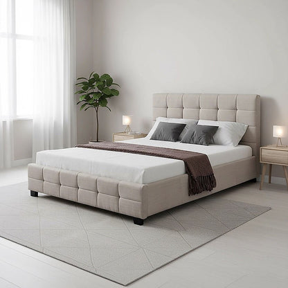Linen Fabric Double Deluxe Bed Frame Beige-Furniture > Bedroom-PEROZ Accessories