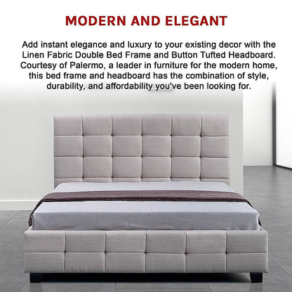 Linen Fabric Double Deluxe Bed Frame Beige-Furniture > Bedroom-PEROZ Accessories
