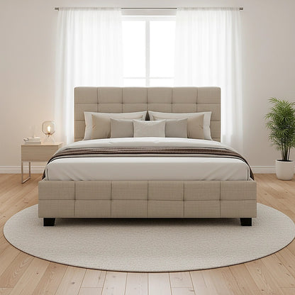 Linen Fabric Double Deluxe Bed Frame Beige-Furniture > Bedroom-PEROZ Accessories