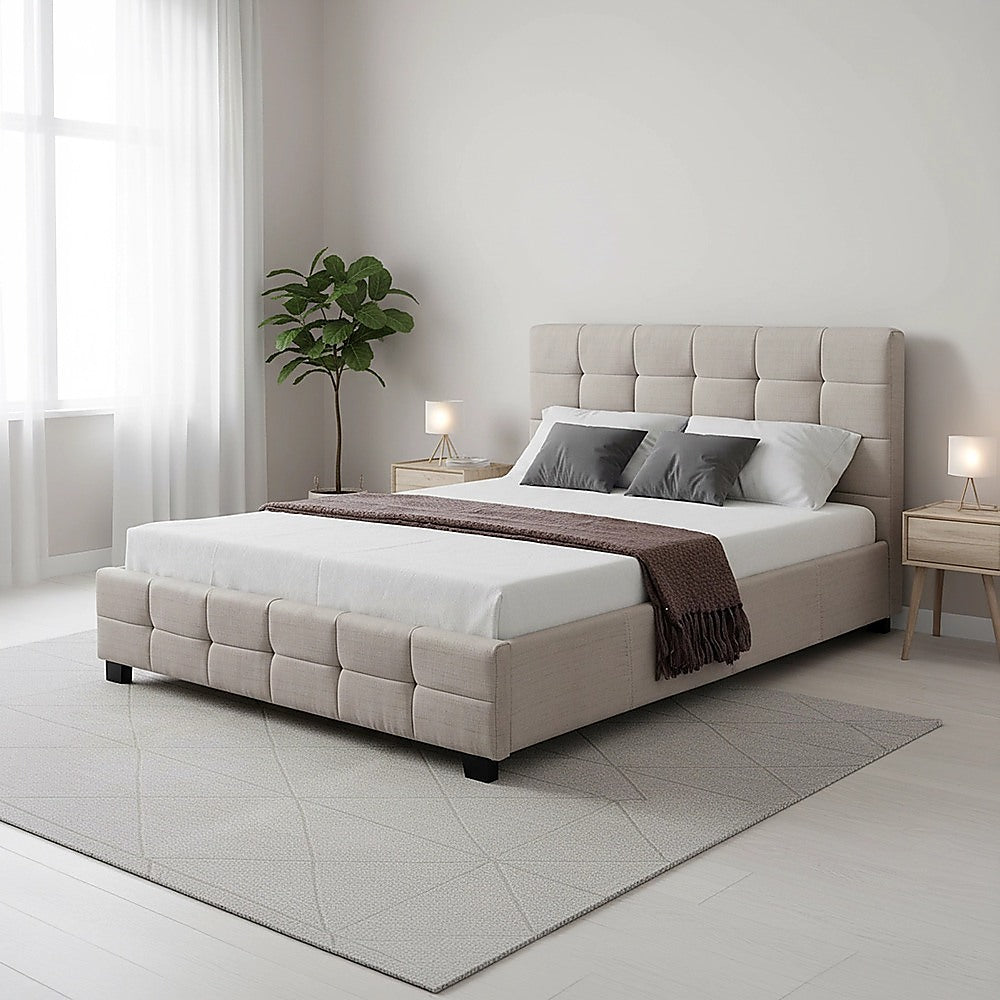 Linen Fabric Double Deluxe Bed Frame Beige-Furniture > Bedroom-PEROZ Accessories