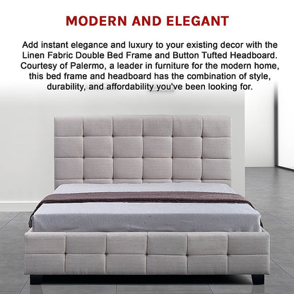 Linen Fabric Double Deluxe Bed Frame Beige-Furniture > Bedroom-PEROZ Accessories