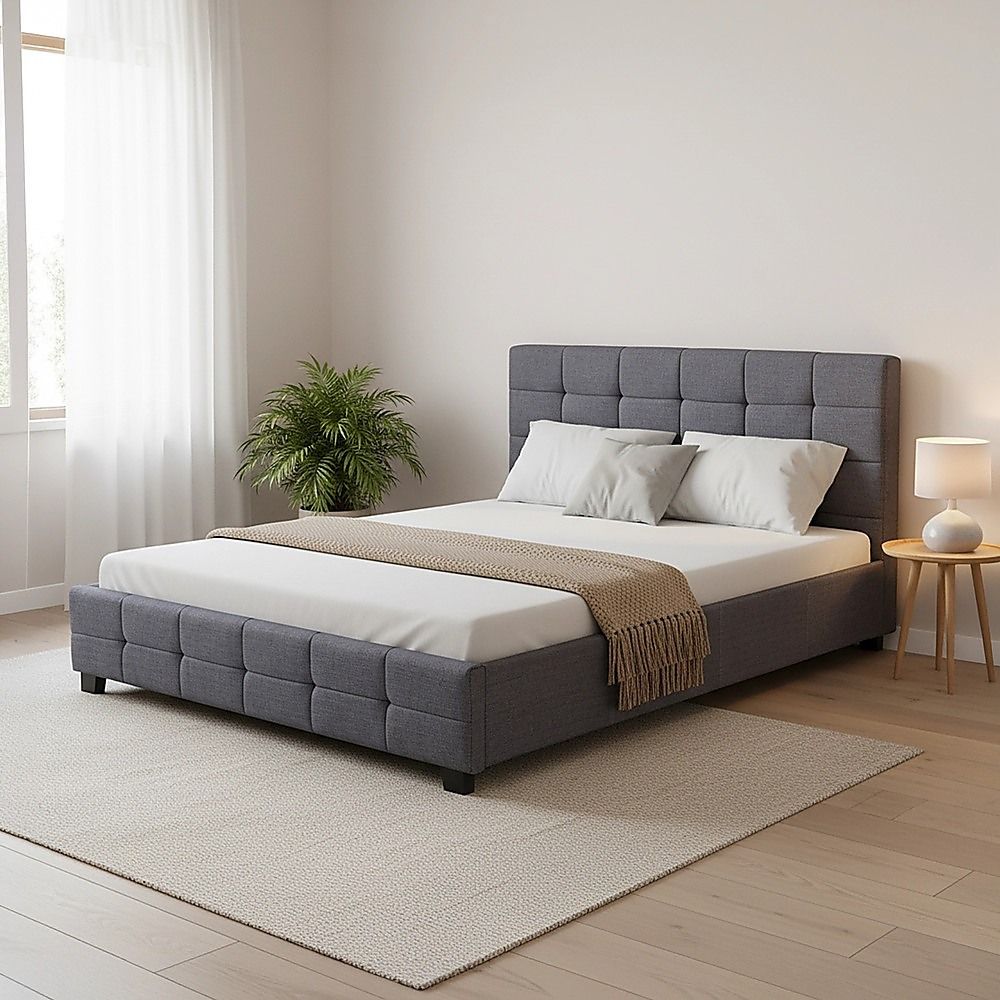 Linen Fabric Double Deluxe Bed Frame Grey-Furniture > Bedroom-PEROZ Accessories