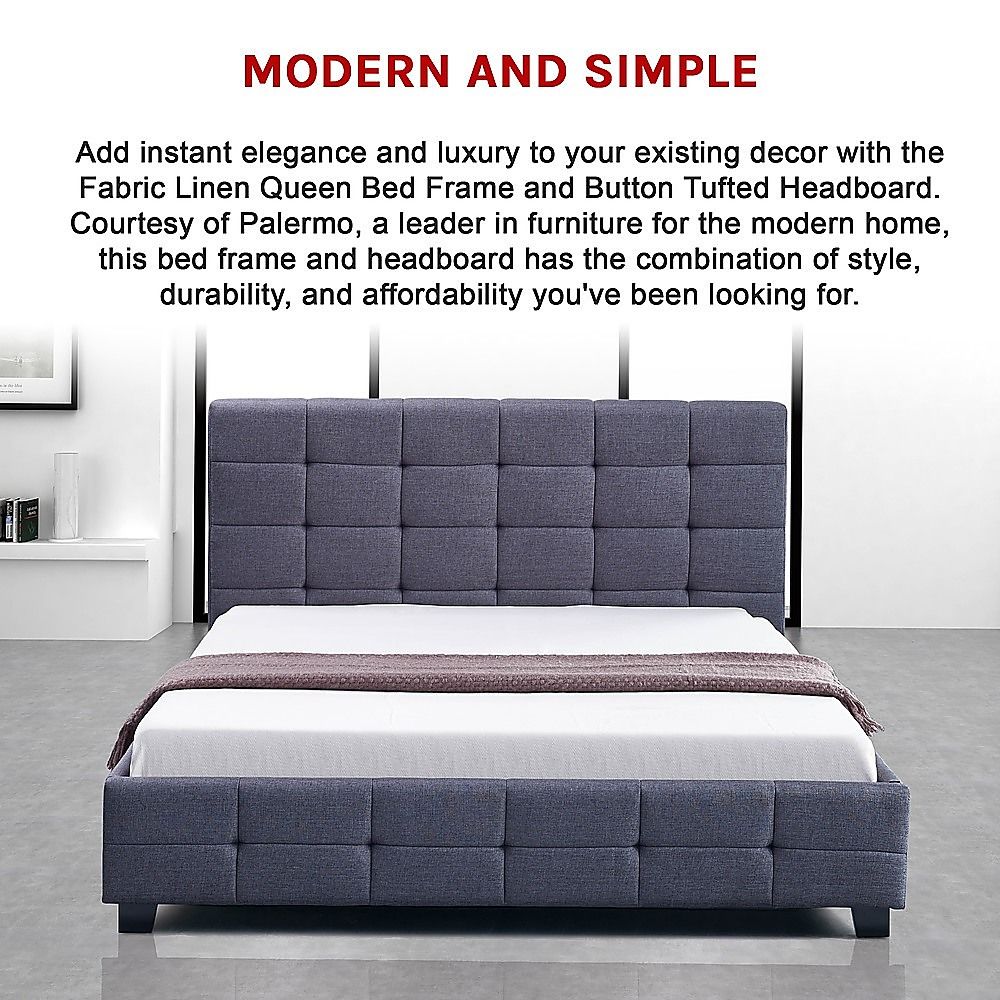 Linen Fabric Queen Deluxe Bed Frame Grey-Furniture > Bedroom-PEROZ Accessories