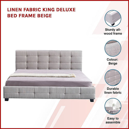 Linen Fabric King Deluxe Bed Frame Beige-Furniture > Bedroom-PEROZ Accessories