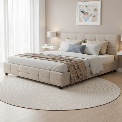 Linen Fabric King Deluxe Bed Frame Beige-Furniture > Bedroom-PEROZ Accessories