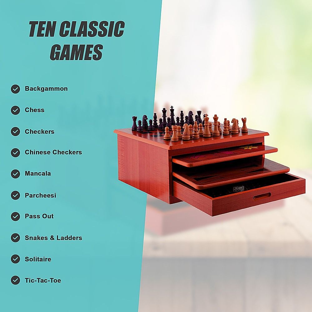10 in 1 Wooden Chess Board Games Slide Out Checkers House Unit Set-Game Sets &amp; Kits-PEROZ Accessories
