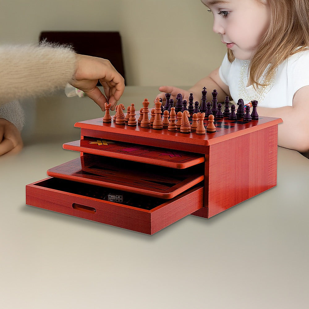 10 in 1 Wooden Chess Board Games Slide Out Checkers House Unit Set-Game Sets &amp; Kits-PEROZ Accessories