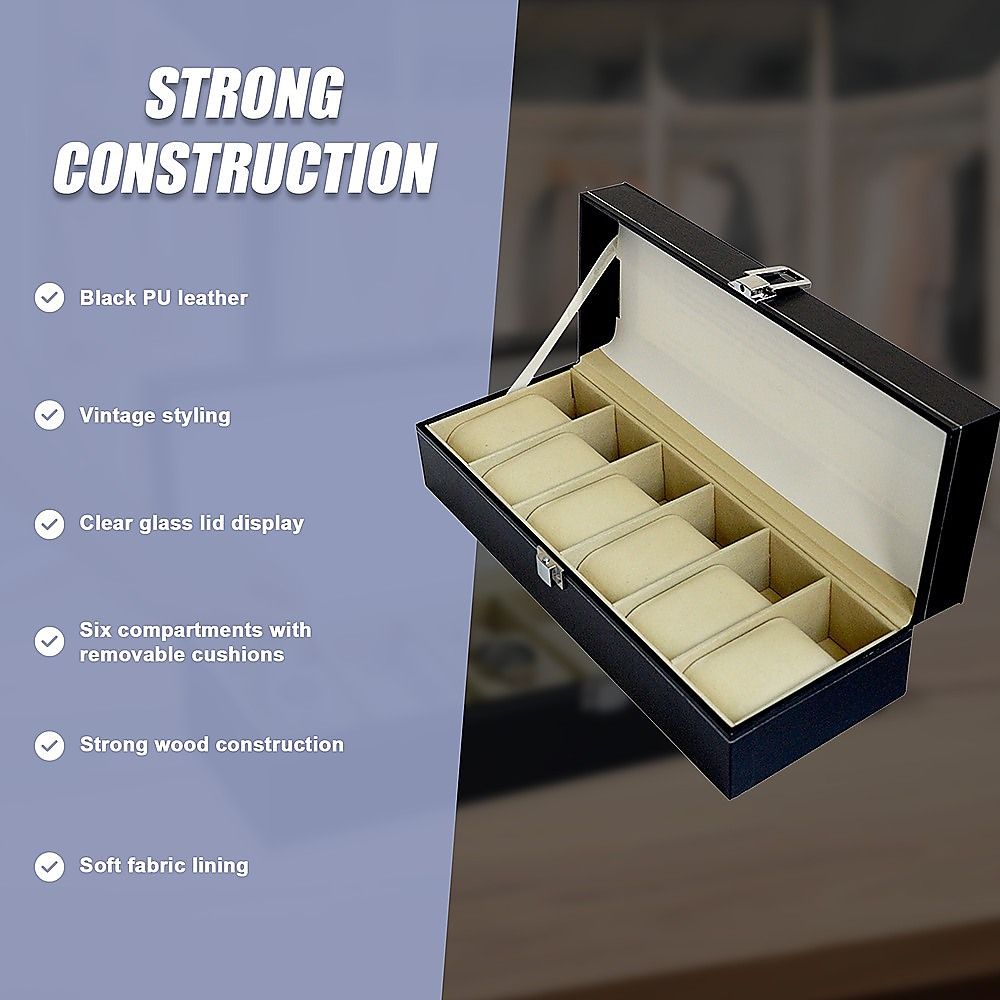 6 Slot Mens Watch Display Case Box Black PU Leather-Watch Accessories-PEROZ Accessories