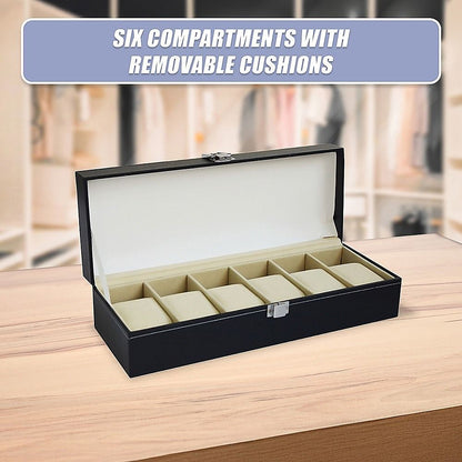 6 Slot Mens Watch Display Case Box Black PU Leather-Watch Accessories-PEROZ Accessories