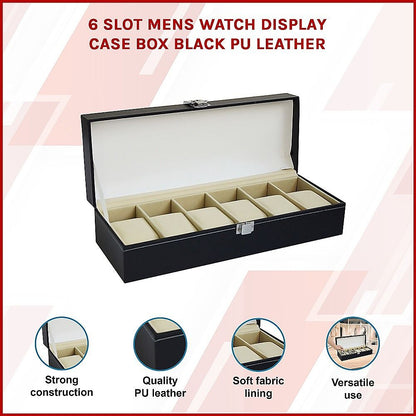 6 Slot Mens Watch Display Case Box Black PU Leather-Watch Accessories-PEROZ Accessories
