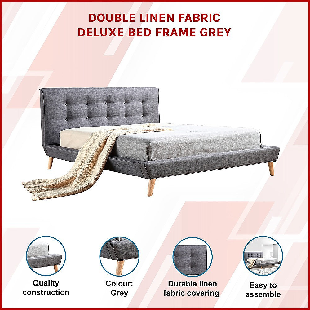 Double Linen Fabric Deluxe Bed Frame Grey-Furniture &gt; Bedroom-PEROZ Accessories