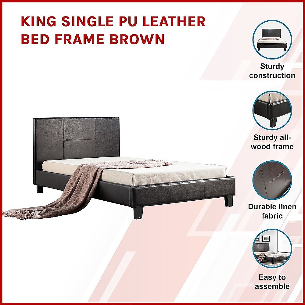 King Single PU Leather Bed Frame Brown-Bed Frames-PEROZ Accessories