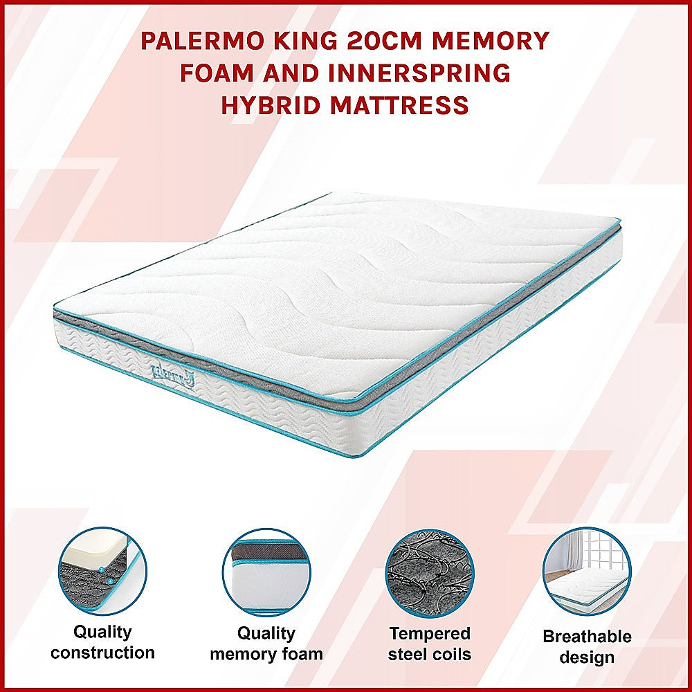 King 20cm Hybrid Mattress – Memory Foam and Innerspring Support-Furniture > Mattresses-PEROZ Accessories