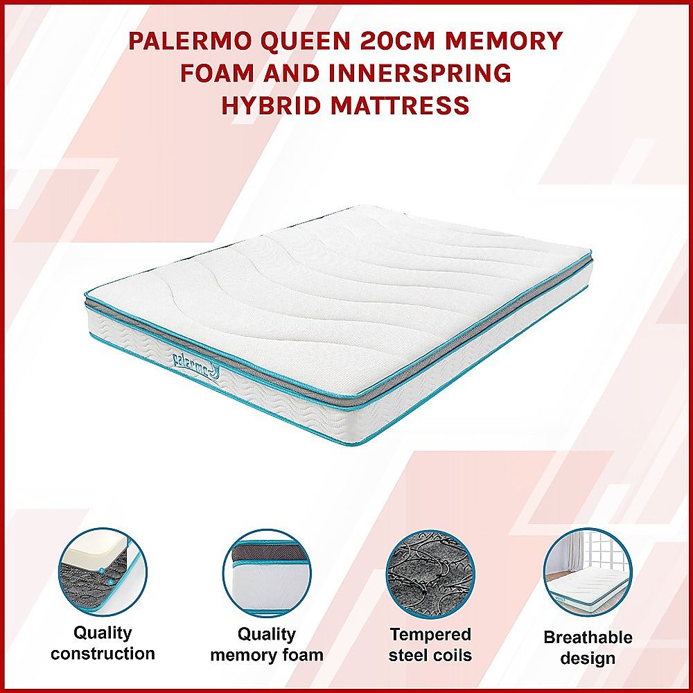 Queen 20cm Hybrid Mattress – Memory Foam and Innerspring Support-Furniture > Mattresses-PEROZ Accessories