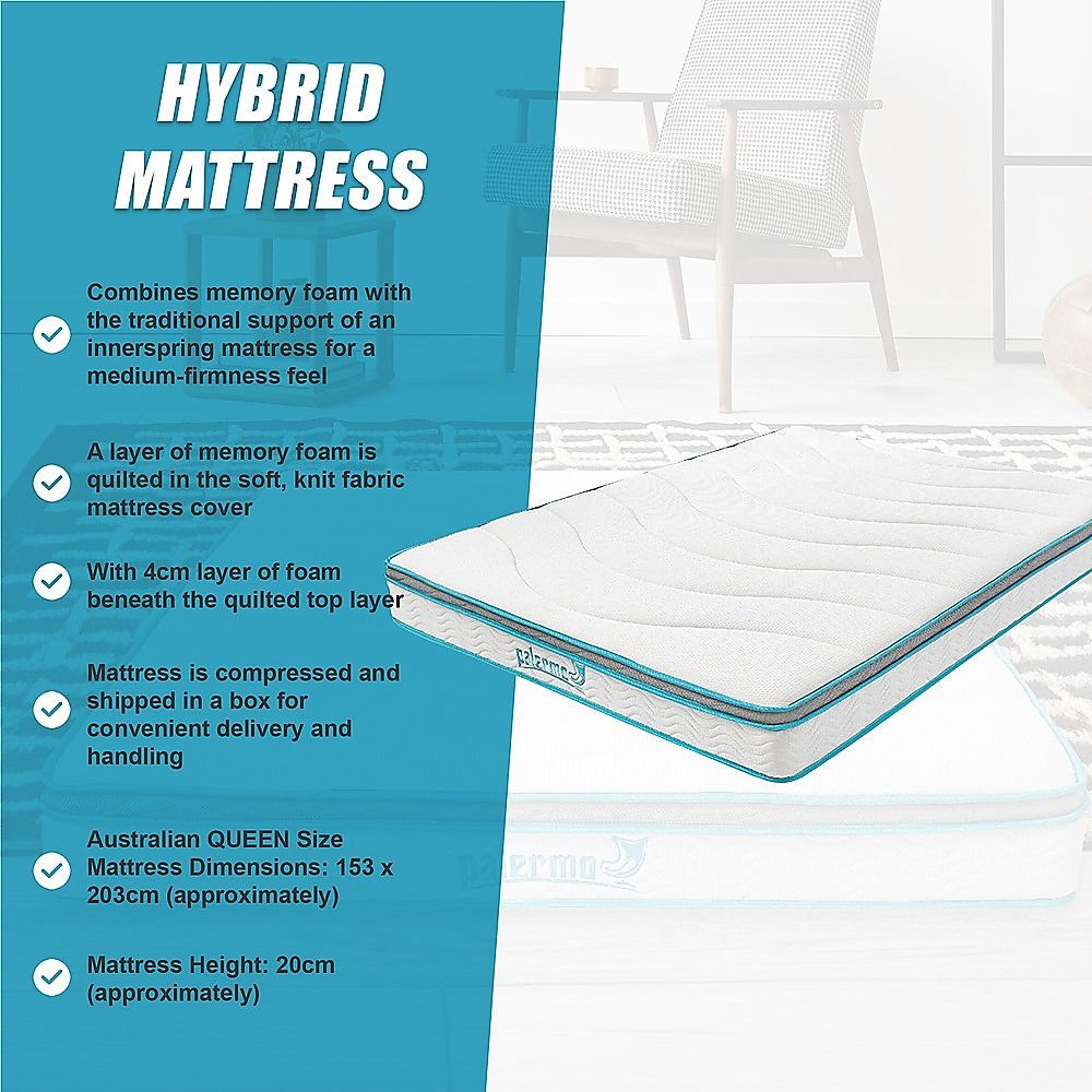 Queen 20cm Hybrid Mattress – Memory Foam and Innerspring Support-Furniture > Mattresses-PEROZ Accessories