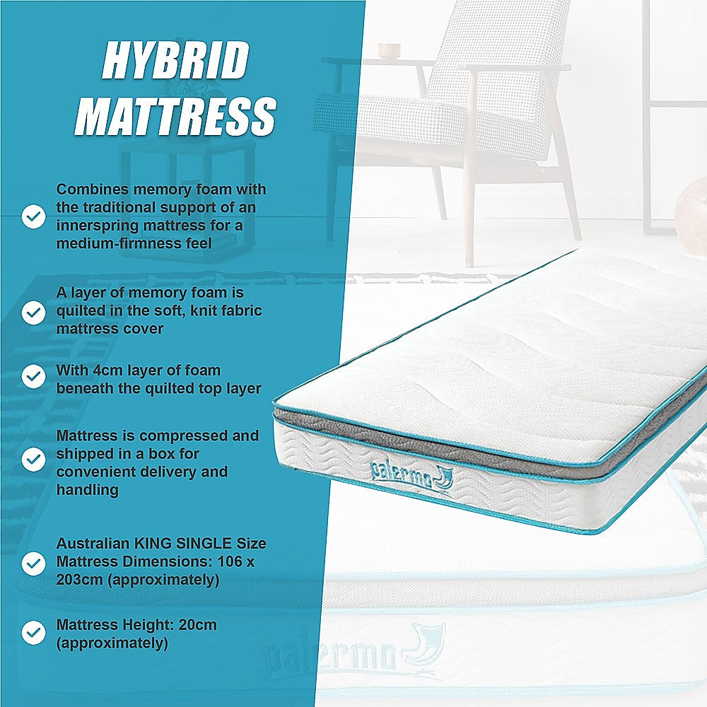 Palermo King Single 20cm Memory Foam and Innerspring Hybrid Mattress-Furniture &gt; Mattresses-PEROZ Accessories