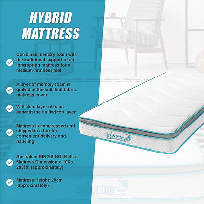 Palermo King Single 20cm Memory Foam and Innerspring Hybrid Mattress-Furniture &gt; Mattresses-PEROZ Accessories
