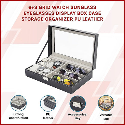 6+3 Grid Watch Sunglass Eyeglasses Display Box Case Storage Organizer PU Leather-Watch Accessories-PEROZ Accessories
