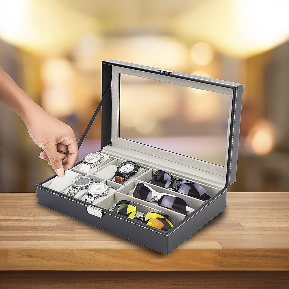 6+3 Grid Watch Sunglass Eyeglasses Display Box Case Storage Organizer PU Leather-Watch Accessories-PEROZ Accessories