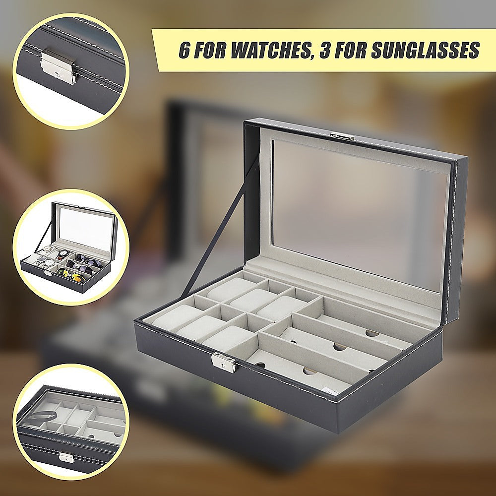 6+3 Grid Watch Sunglass Eyeglasses Display Box Case Storage Organizer PU Leather-Watch Accessories-PEROZ Accessories