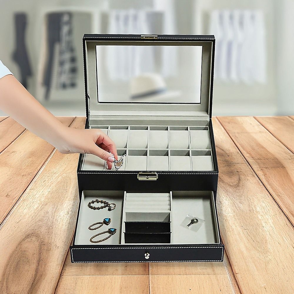 12 Grids Watch Display Case Leather jewellery Storage Box Organiser Lock Key-Watch Accessories-PEROZ Accessories