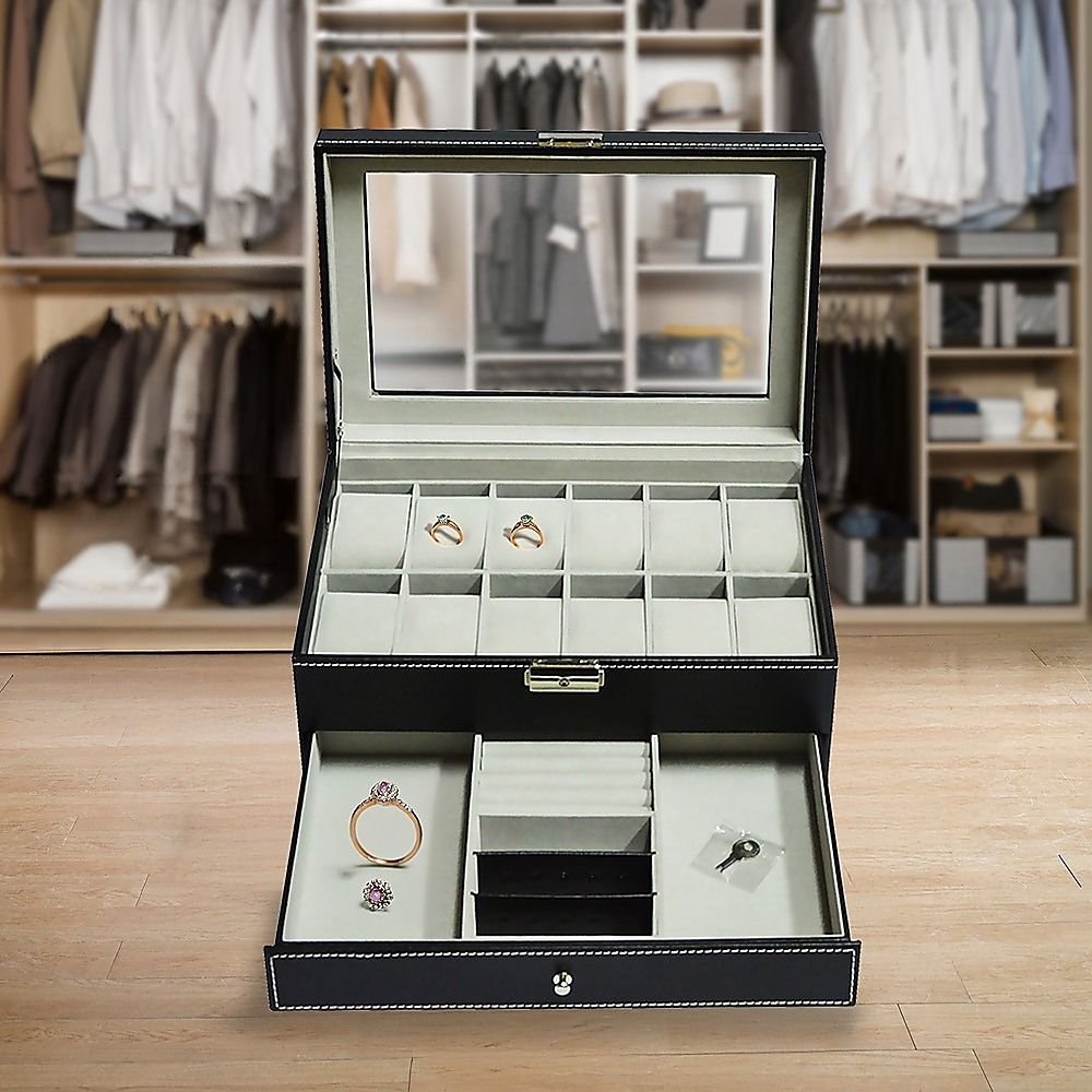 12 Grids Watch Display Case Leather jewellery Storage Box Organiser Lock Key-Watch Accessories-PEROZ Accessories