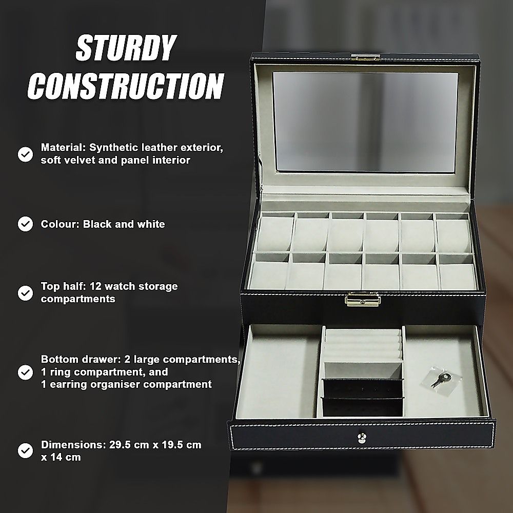 12 Grids Watch Display Case Leather jewellery Storage Box Organiser Lock Key-Watch Accessories-PEROZ Accessories